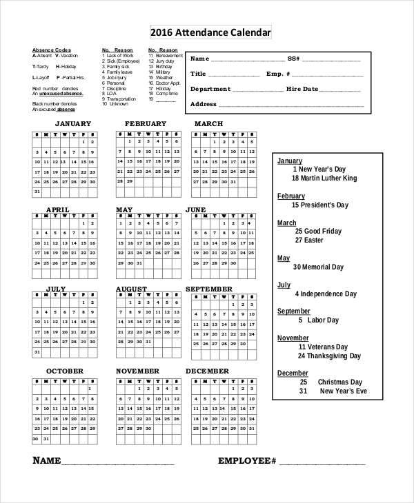 formal attendance calendar template1