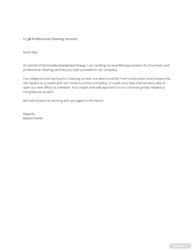 free letter of appreciation for cleaning service template