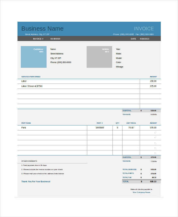 Car Service Invoice Template Free Download