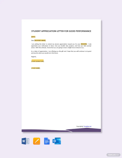 free student appreciation letter for good performance template