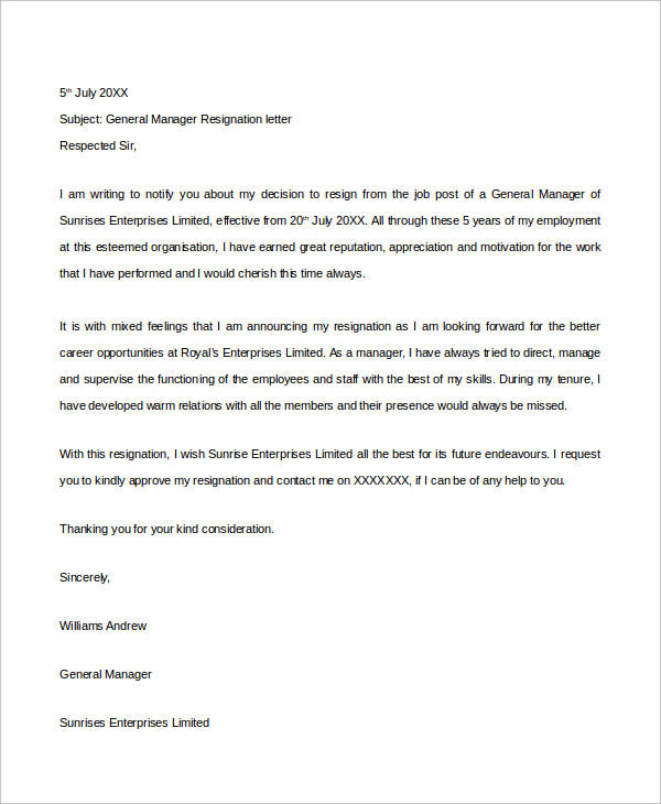 general manager resignation letter
