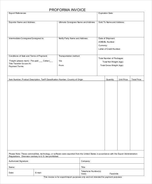 generic proforma invoice sample