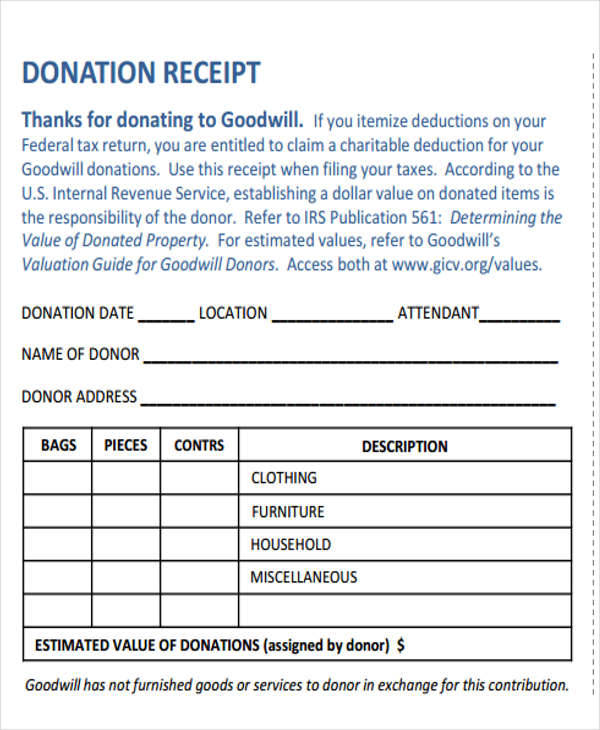 Printable Goodwill Donation Receipt