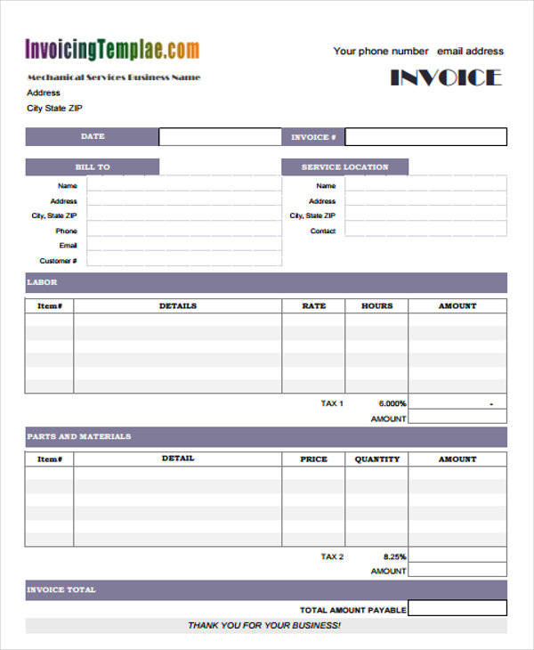 hvac service invoice template