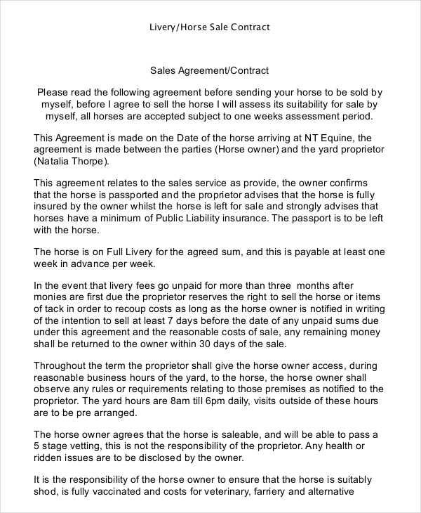 horse sales livery contract