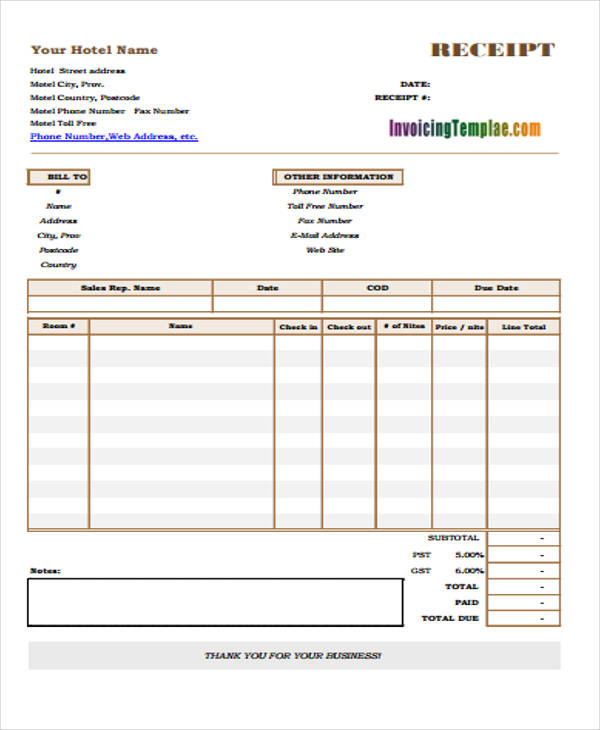 hotel room invoice template