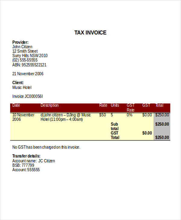 hotel tax invoice