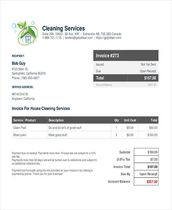 Receipt Template For Cleaning Service