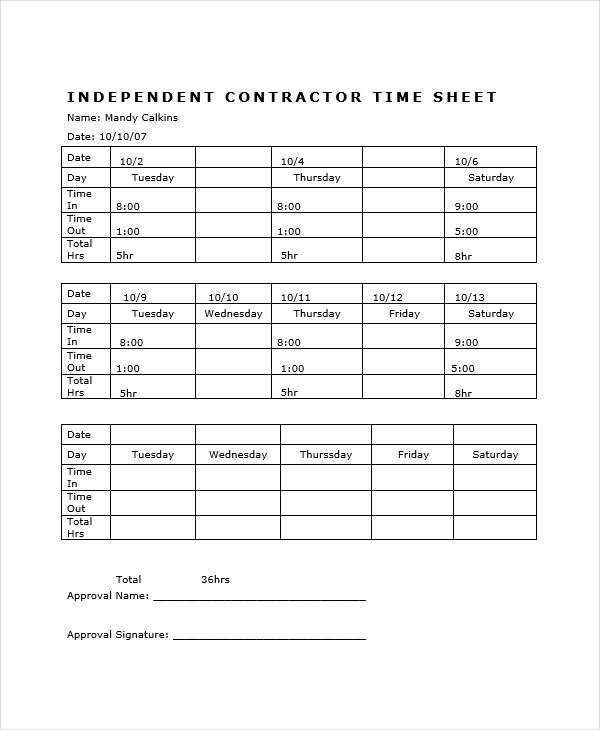 Independent Contractor Timesheet Template TUTORE ORG Master of