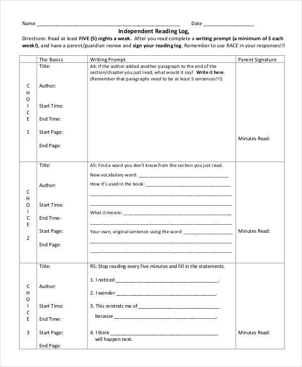 independent reading log
