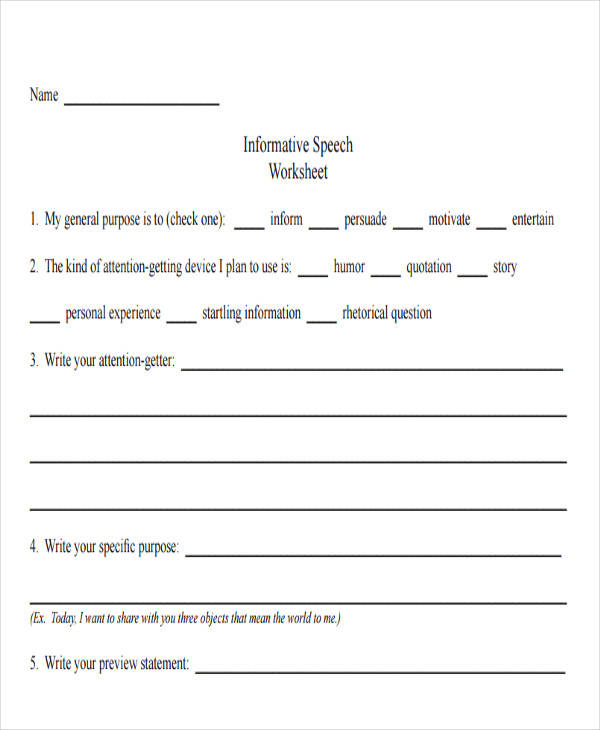 informative speech worksheet format