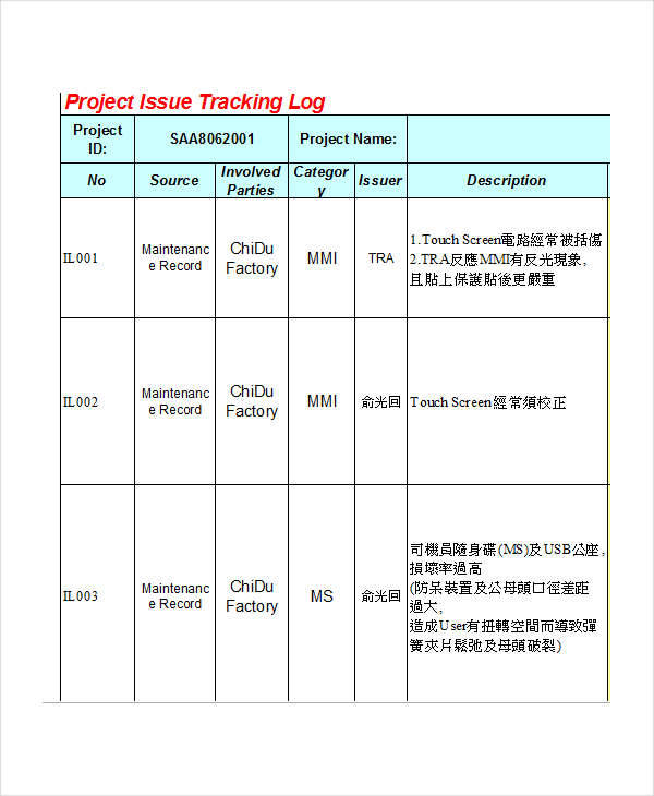 issue tracking log