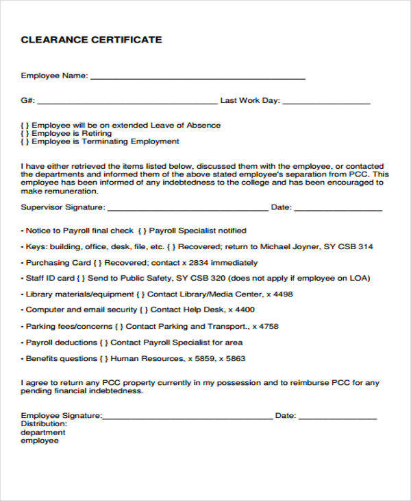 job clearance certificate