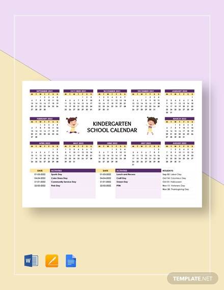 kindergarten school calendar template