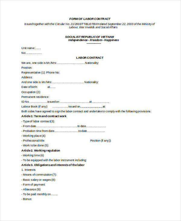 contract form template labor 9 Docs, Contract   Pages Templates Labor Word,  Sample