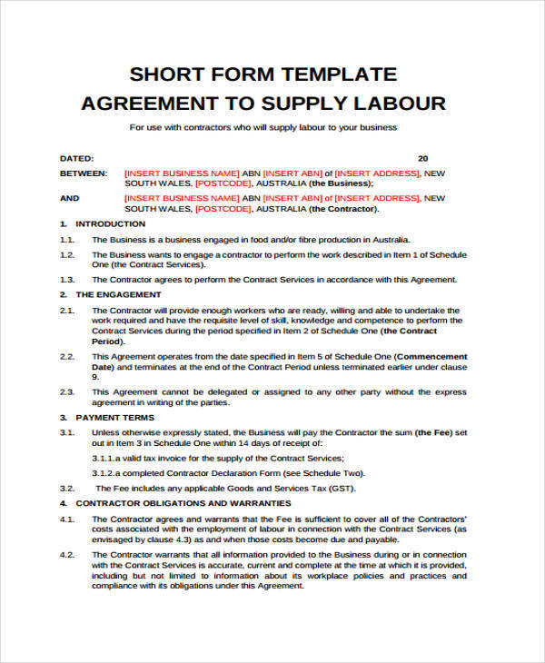 FREE 9  Labor Contract Sample Templates in MS Word Google Docs