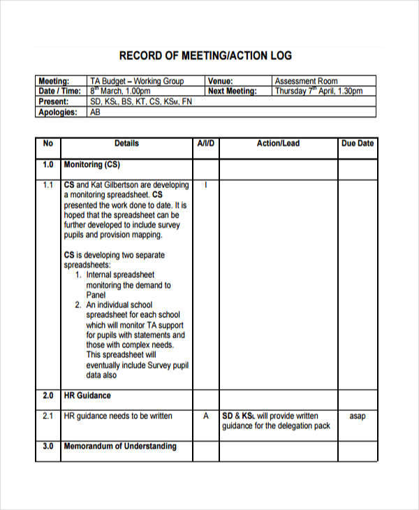 meeting action log