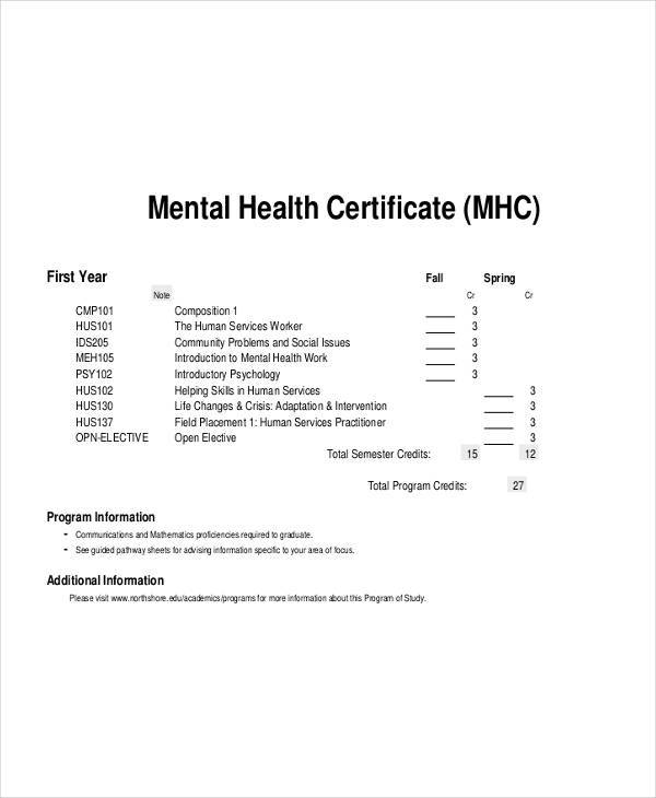 mental health certificate