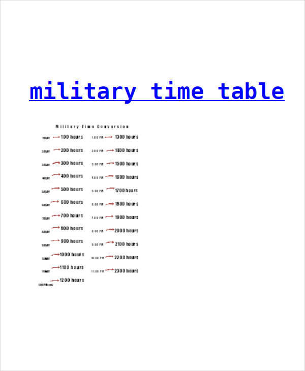 military time table chart