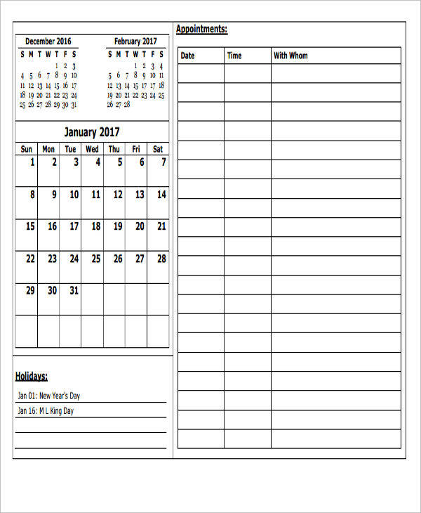 monthly appointment calendar