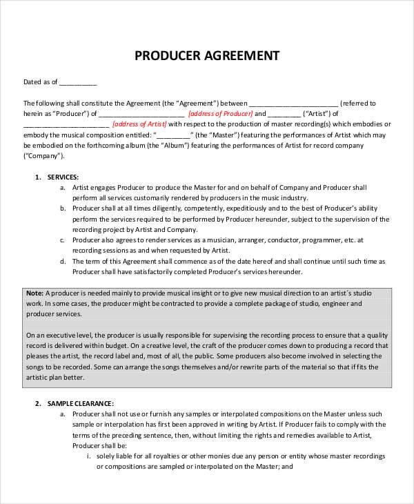 Music Producer Agreement Template