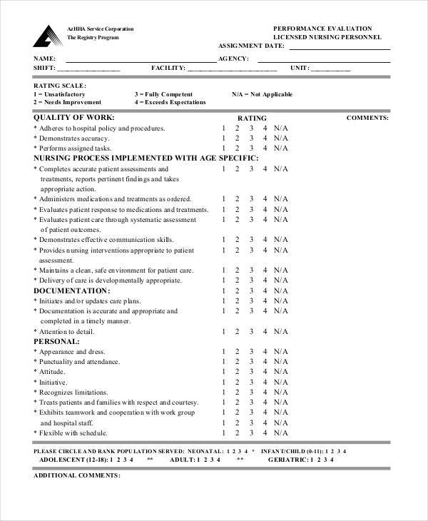 nursing employee evaluation form