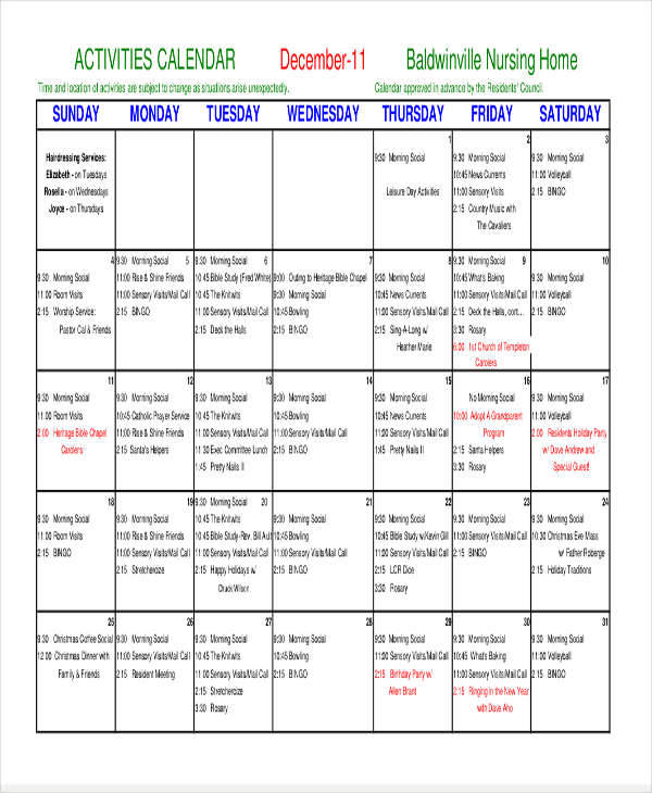 FREE 13  Activity Calendar Templates in MS Word Google Docs Pages PDF