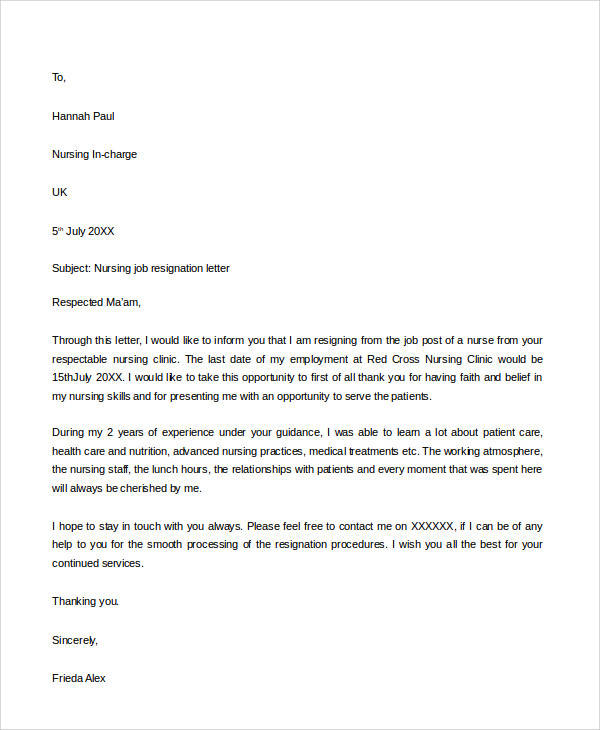 nursing job resignation letter