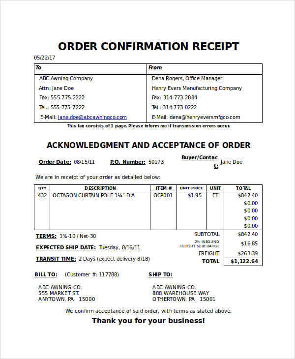 Receipt Of Order Template