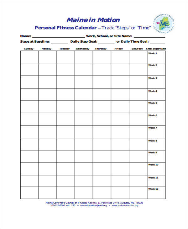 personal fitness calendar