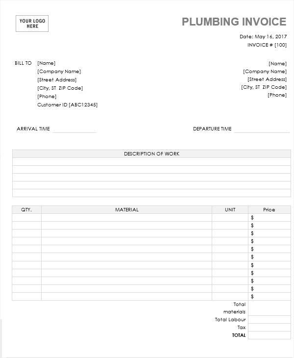 free 8 plumbing invoices in ms word pdf