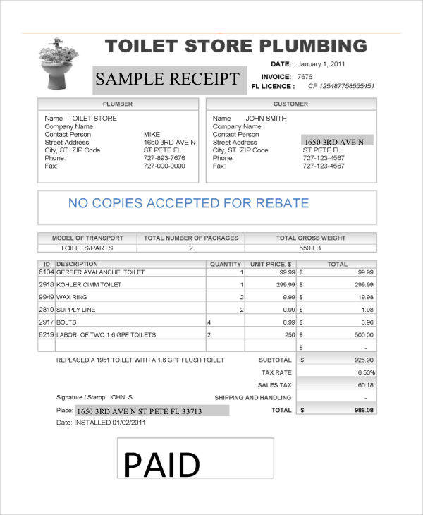 Printable Fake Plumbing Receipts Web Most Plumbing Invoices Contain One