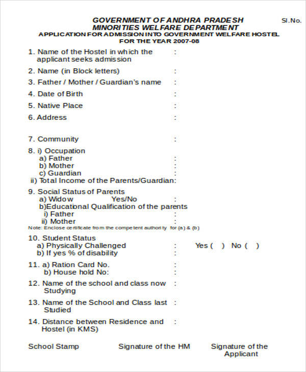 pre matric hostel application form