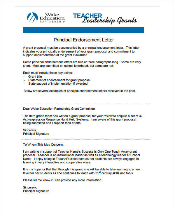 principal endorsement letter