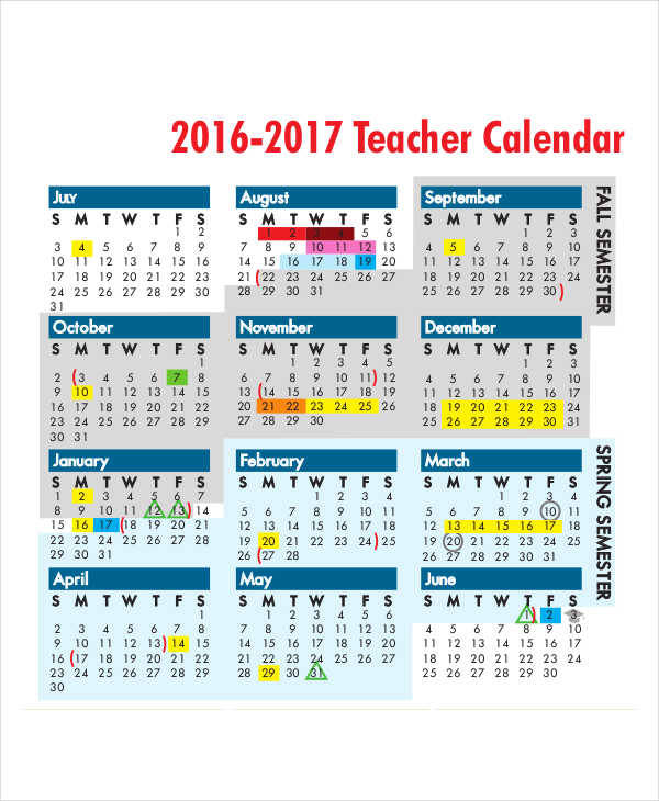 6 Teacher Calendar Templates Free Sample Example