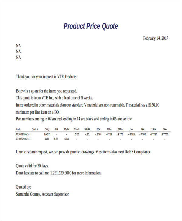 product price quote