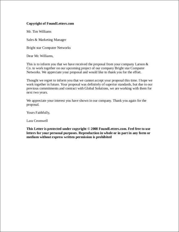 proposal rejection letter example