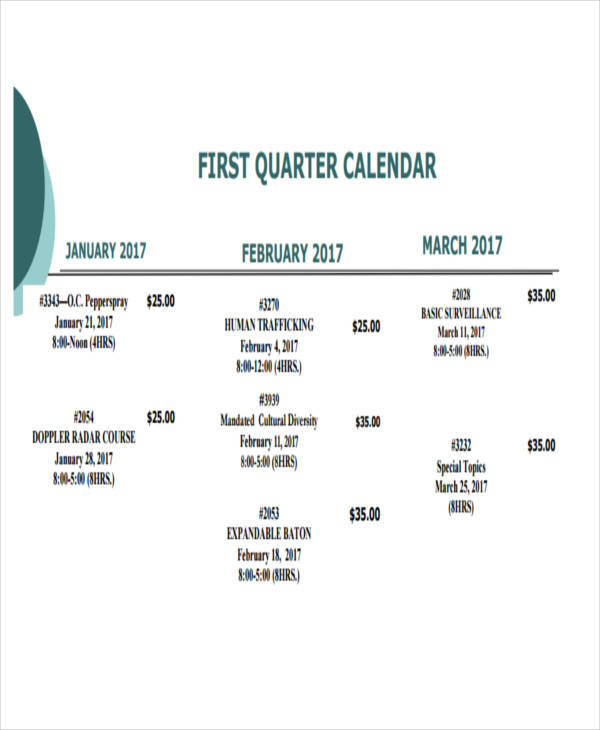 quarterly training calendar