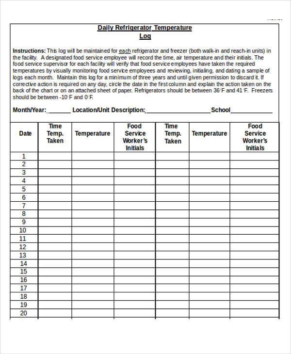 Pdf Free Printable Refrigerator Temperature Log Sheet Printable Templates