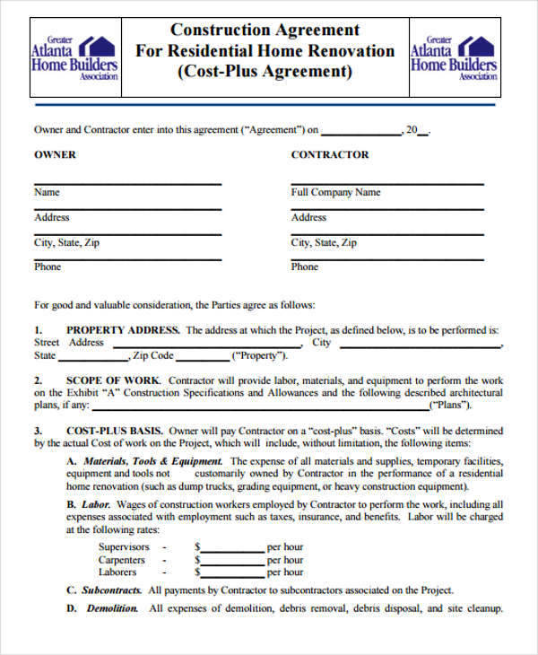 residential construction contract template