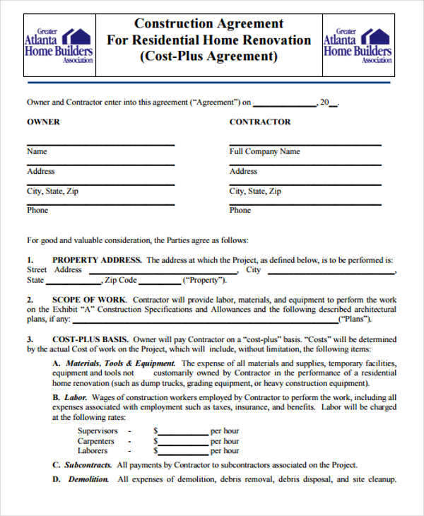 Printable Construction Contract Template