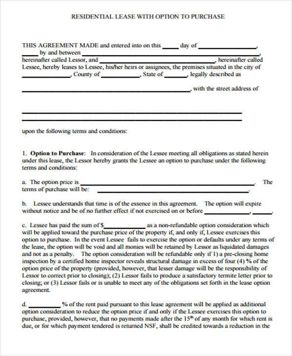 residential lease with option to purchase form