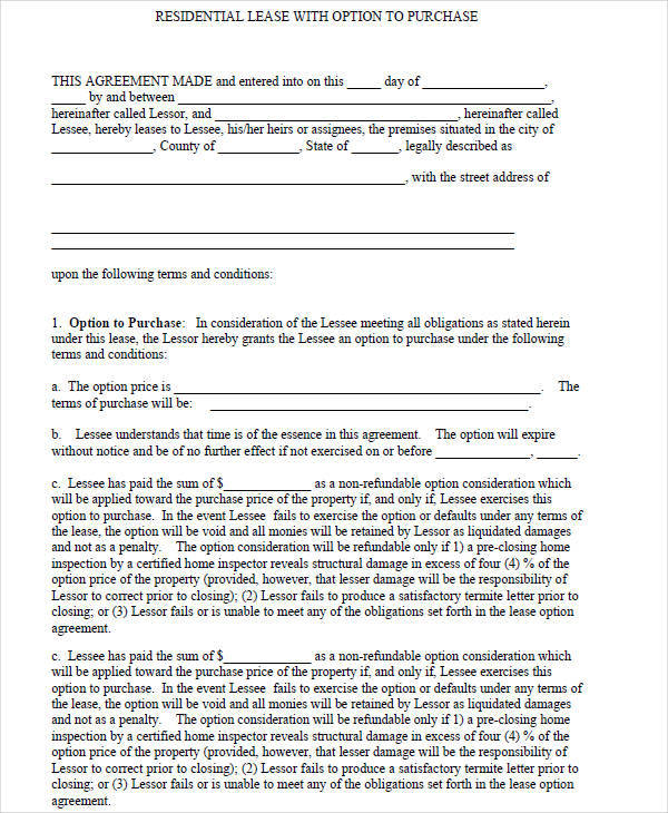residential lease to purchase contract form
