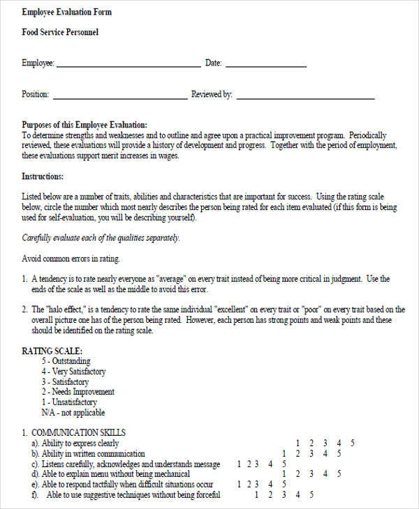 restaurant employee evaluation form