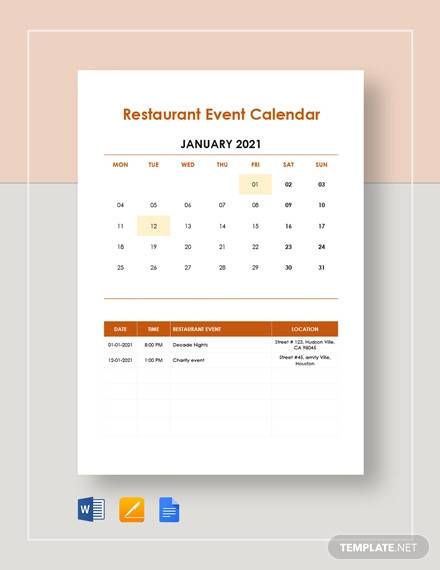 restaurant event calendar template