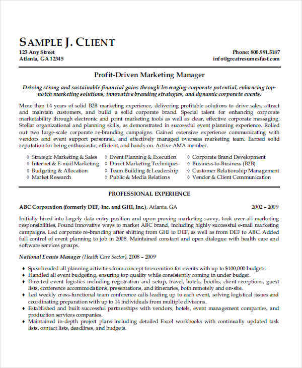 resume sales marketing manager