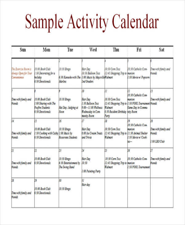 sample activity calendar