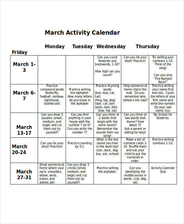 sample activity calendar1