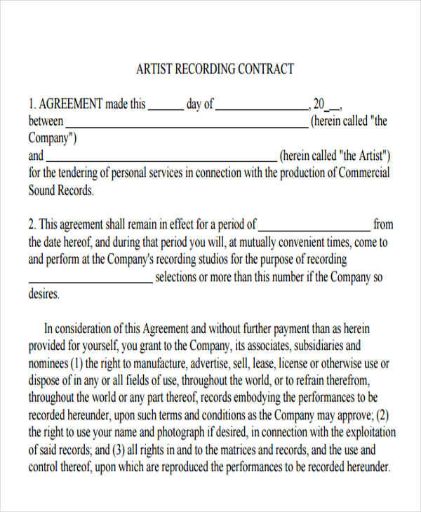 Artist Contract Template Pdf Qartisti