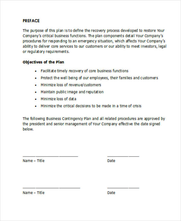 Small Business Contingency Plan Template